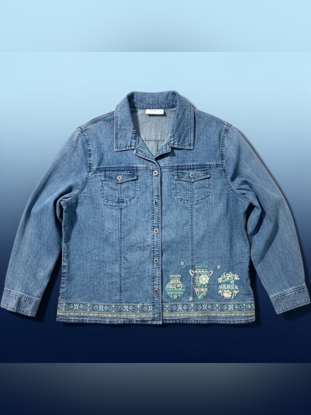 Vintage Alfred Dunner Women’s Size 20 Blue Embroidered Denim Jacket Stretch